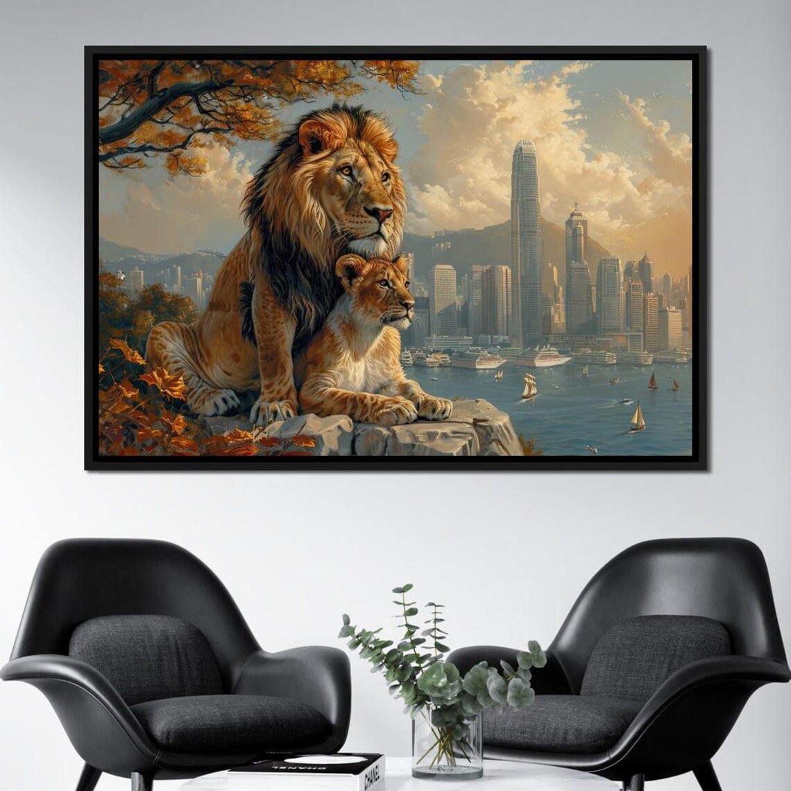 Lion Lioness Overlooking Harbor City Skyline Urban Jungle Poster - Image 3