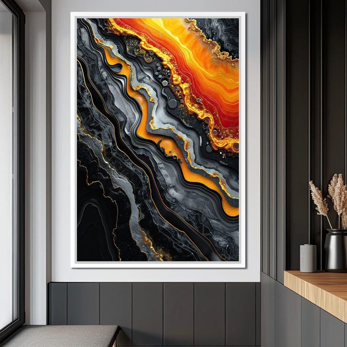 Black Gold Magma Abstract Art Flowing Geode Bands Orange Wall Poster - Image 2