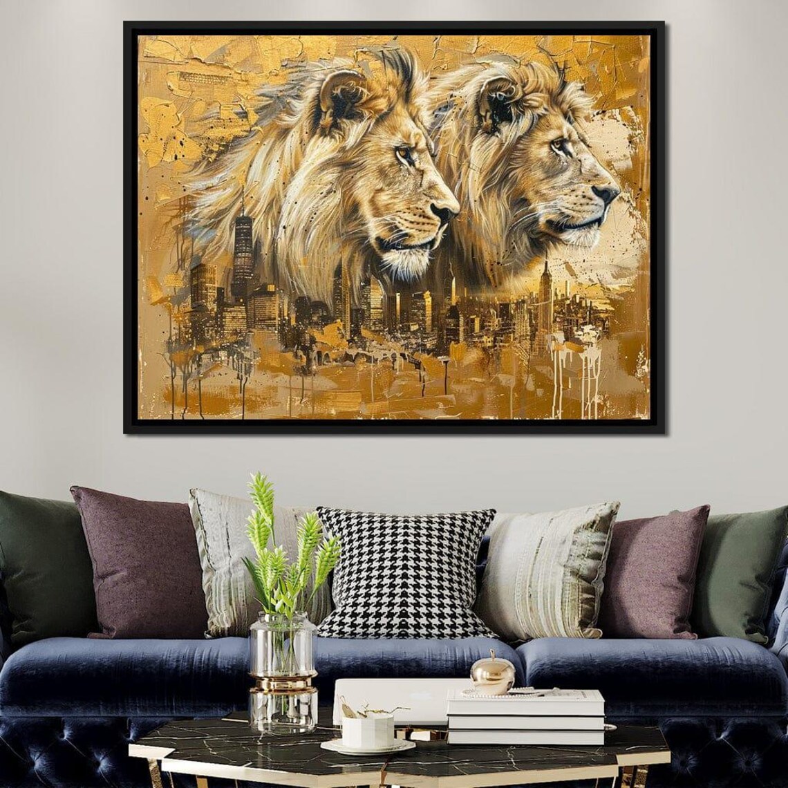 Golden Twin Lions Over City Skyline Majestic Regal Wildlife Urban Art Wall Poster - Image 4