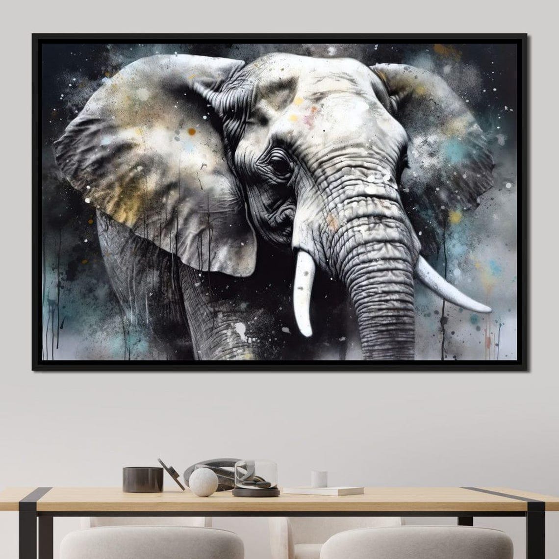 Monochrome Elephant Portrait Dramatic Splash Wildlife Wall Art