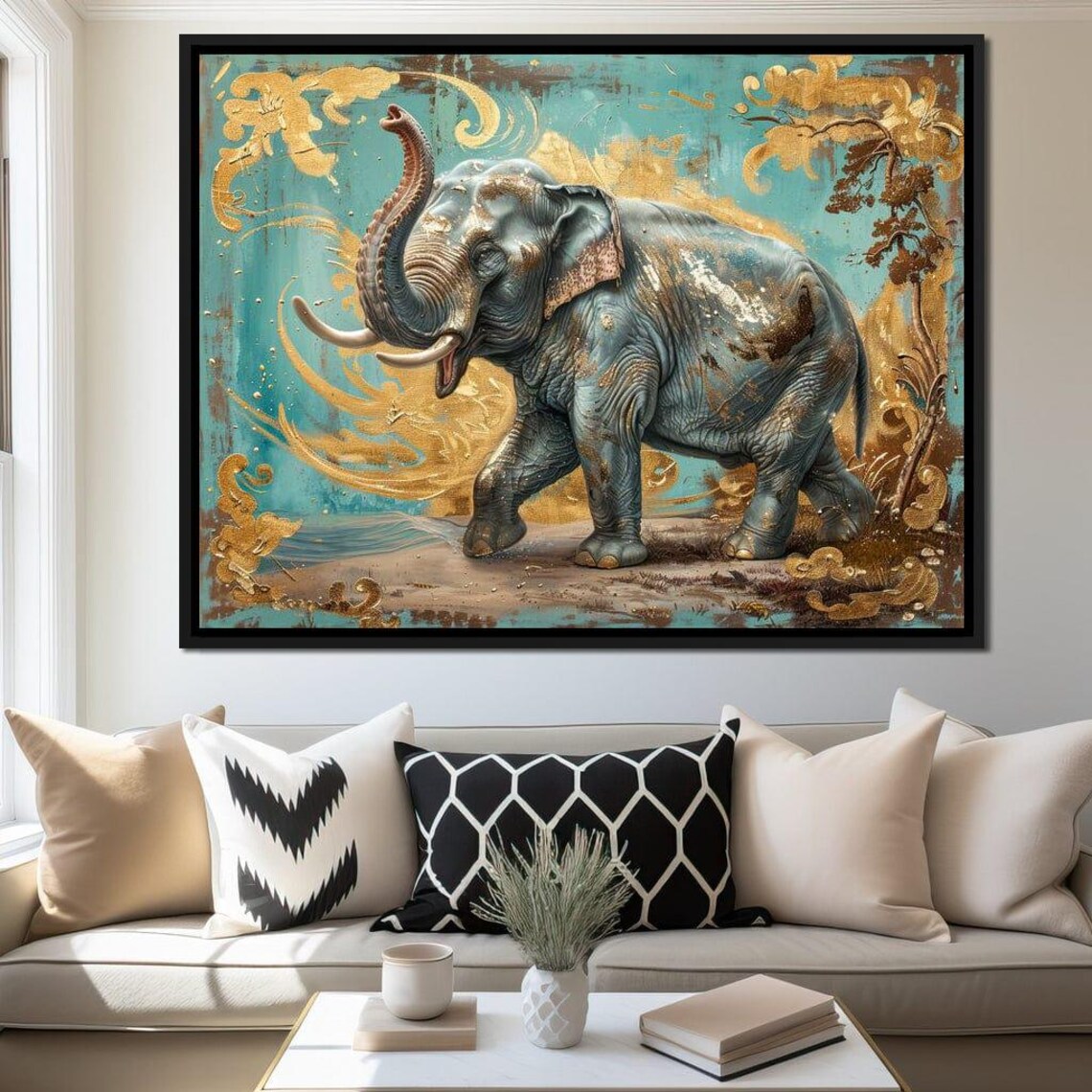 Triumphant Elephant Raised Trunk Turquoise Gold Wildlife Wall Art