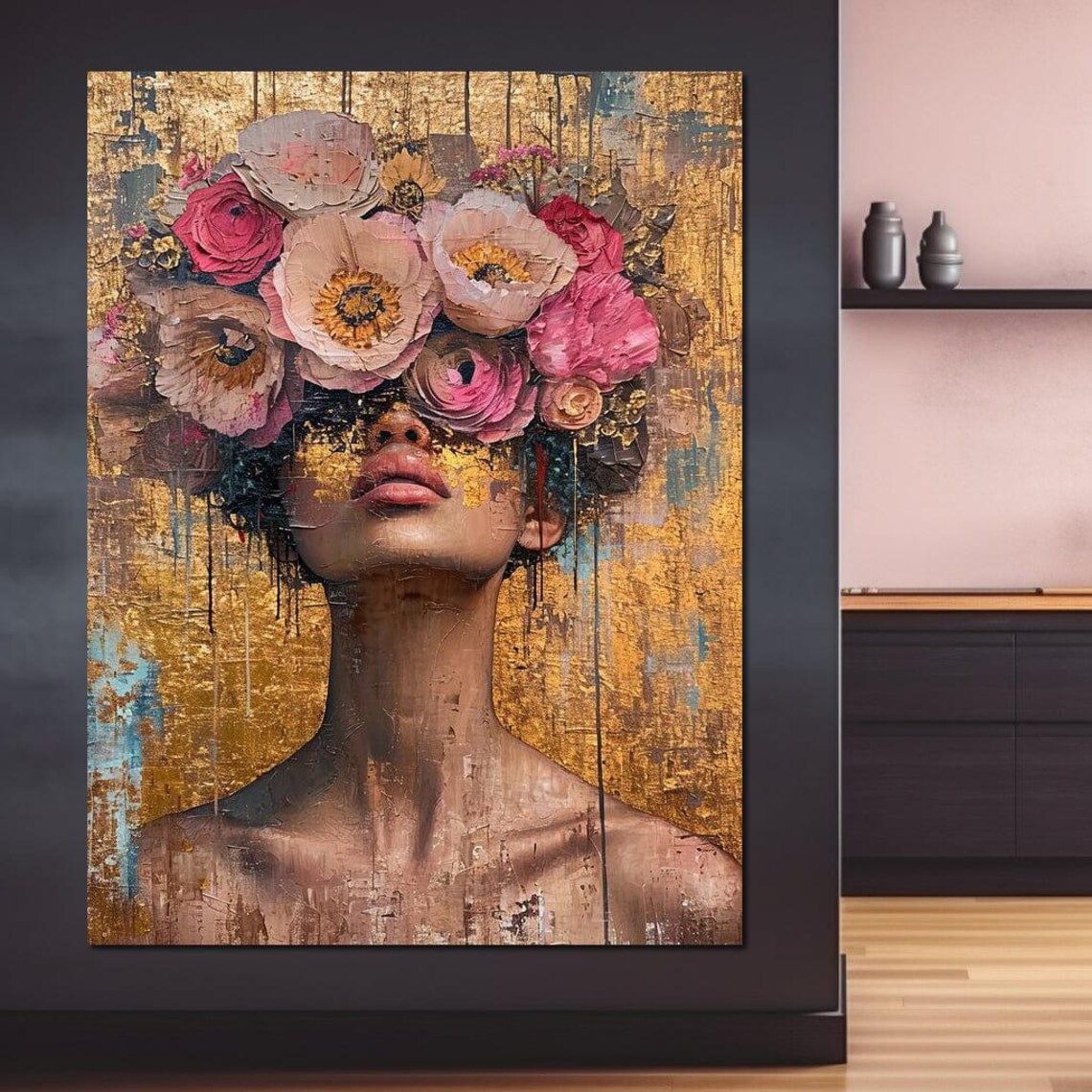 Golden Petals Floral Portrait, Modern Art Print - Image 3