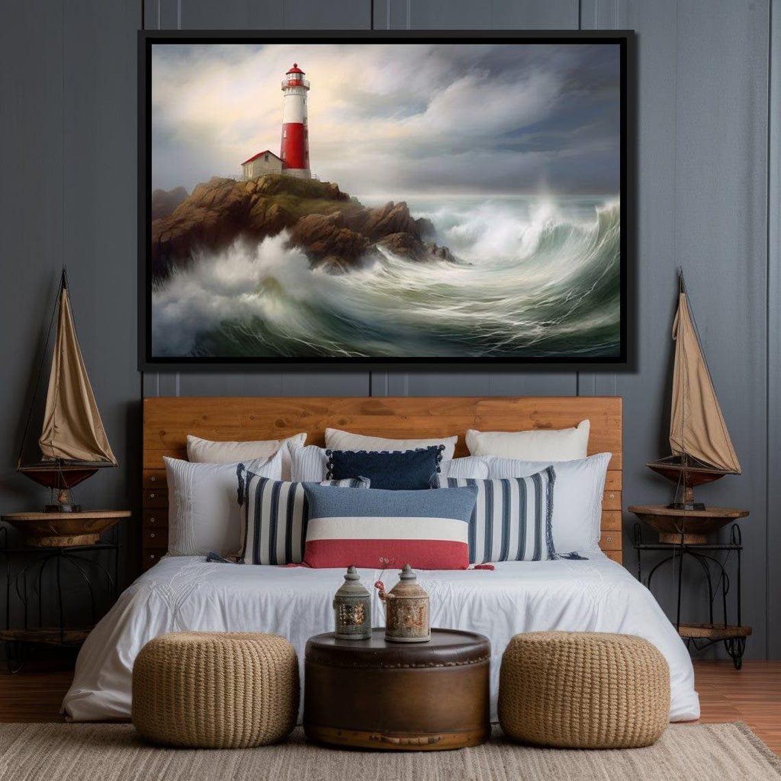 Red White Lighthouse Rocky Cliff Crashing Waves Coastal Travel Poster - Image 2