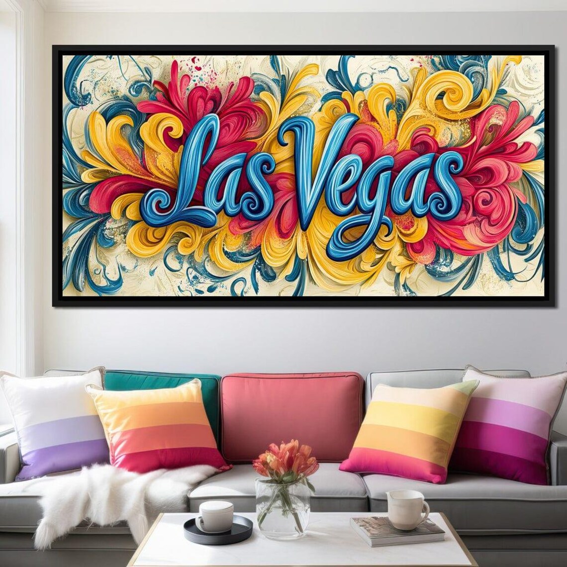 Las Vegas Blue Script Colorful Swirl Floral Typography City Art Poster