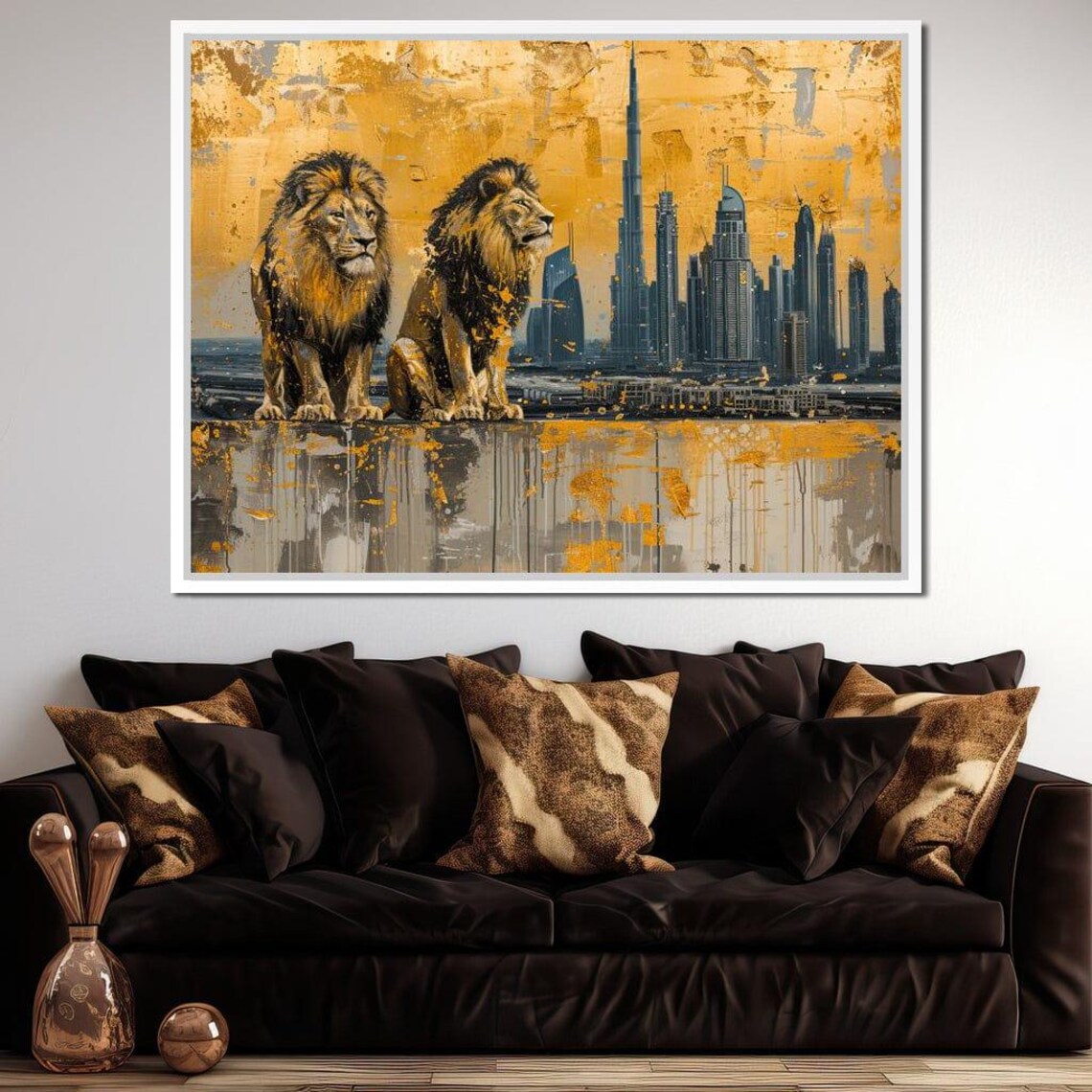 Twin Lions Dubai Skyline Gold Leaf Urban Wildlife Art Wall Poster - Image 2