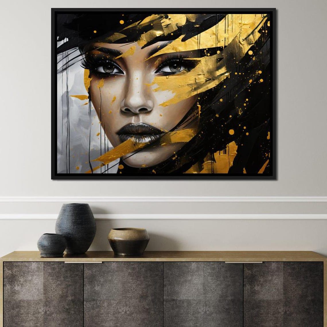 Black Gold Urban Chic Woman Paint Splatter Face Dramatic Art Print - Image 4