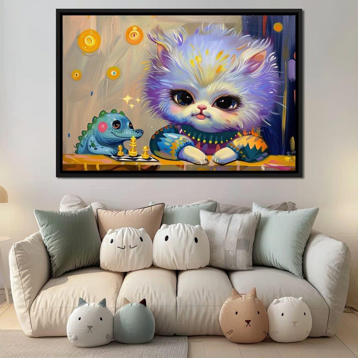 Cute Kitten Chess Game With Baby Dinosaur Colorful Whimsical Kids Room Wall Poster - Image 2