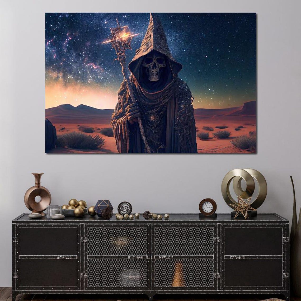 Skeleton Wizard Staff Desert Night Starry Sky Dark Fantasy Wall Art - Image 4