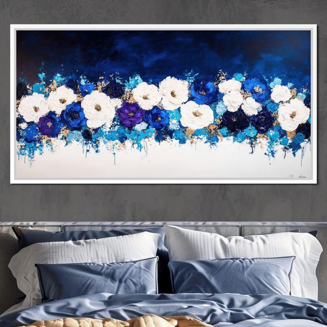 Nocturnal Blue White Purple Flowers Gold Flecks Impasto Floral Poster - Image 3