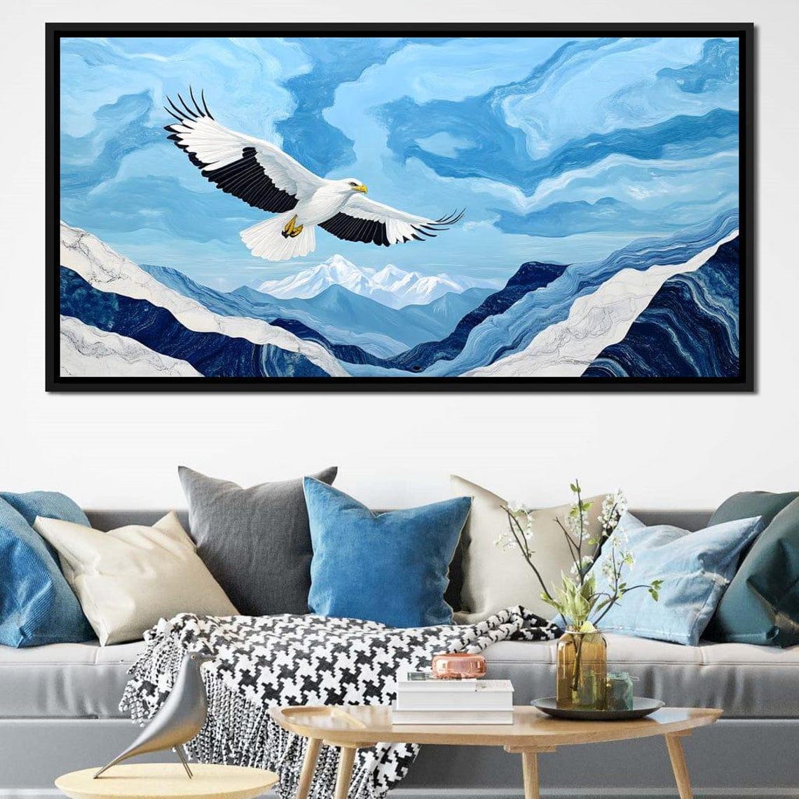 White Eagle Soaring Blue Snowy Mountains Framed Wildlife Wall Art - Image 3