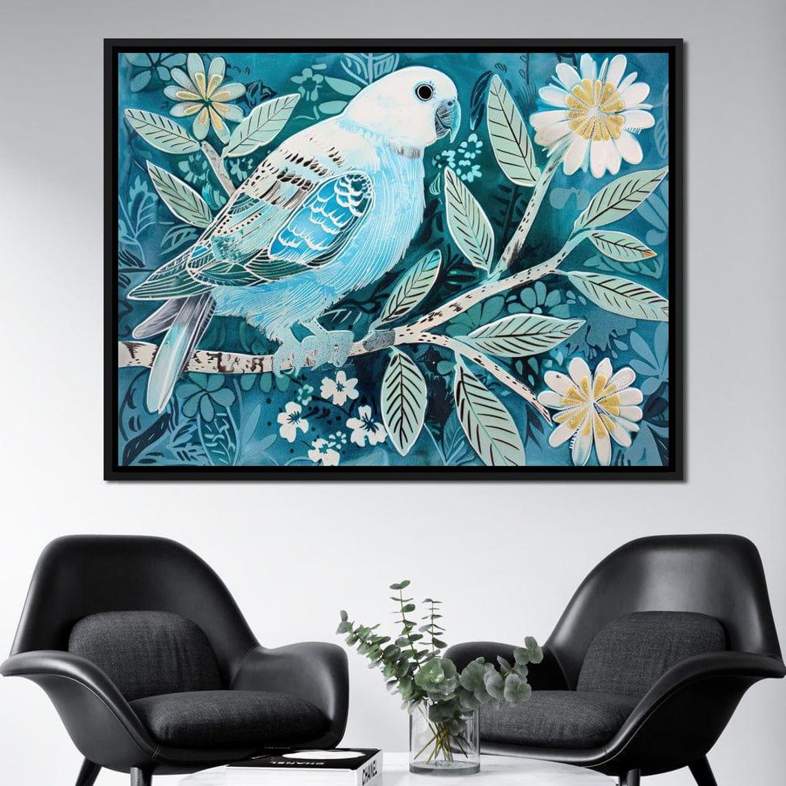 Blue Parrot on Blossom Branch Teal Botanical Bird Painting Wall Poster - Image 2
