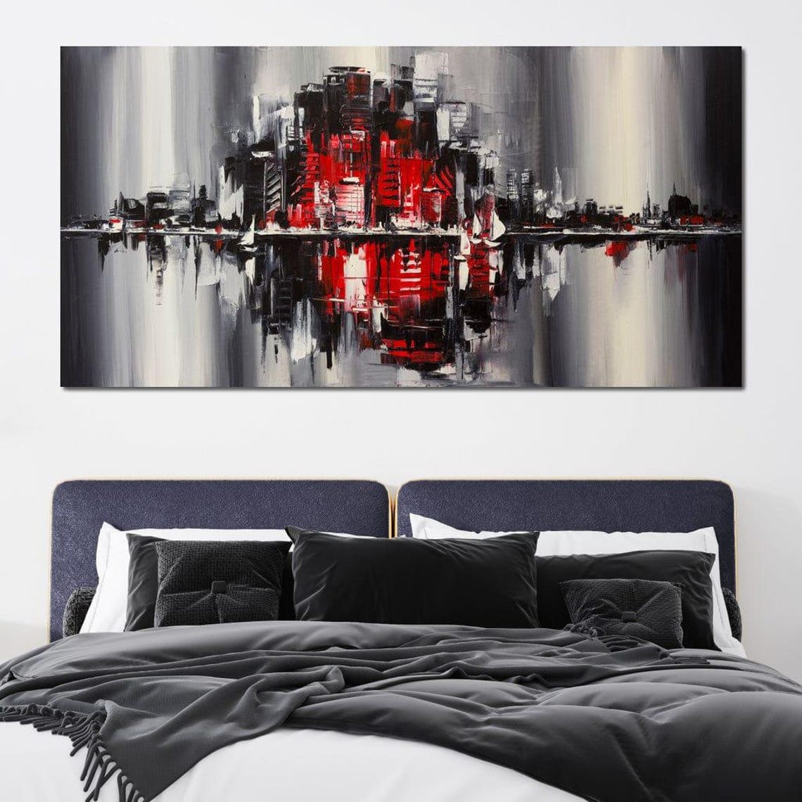 Red Black Grey Abstract City Skyline Water Reflection Modern Wall Art - Image 4