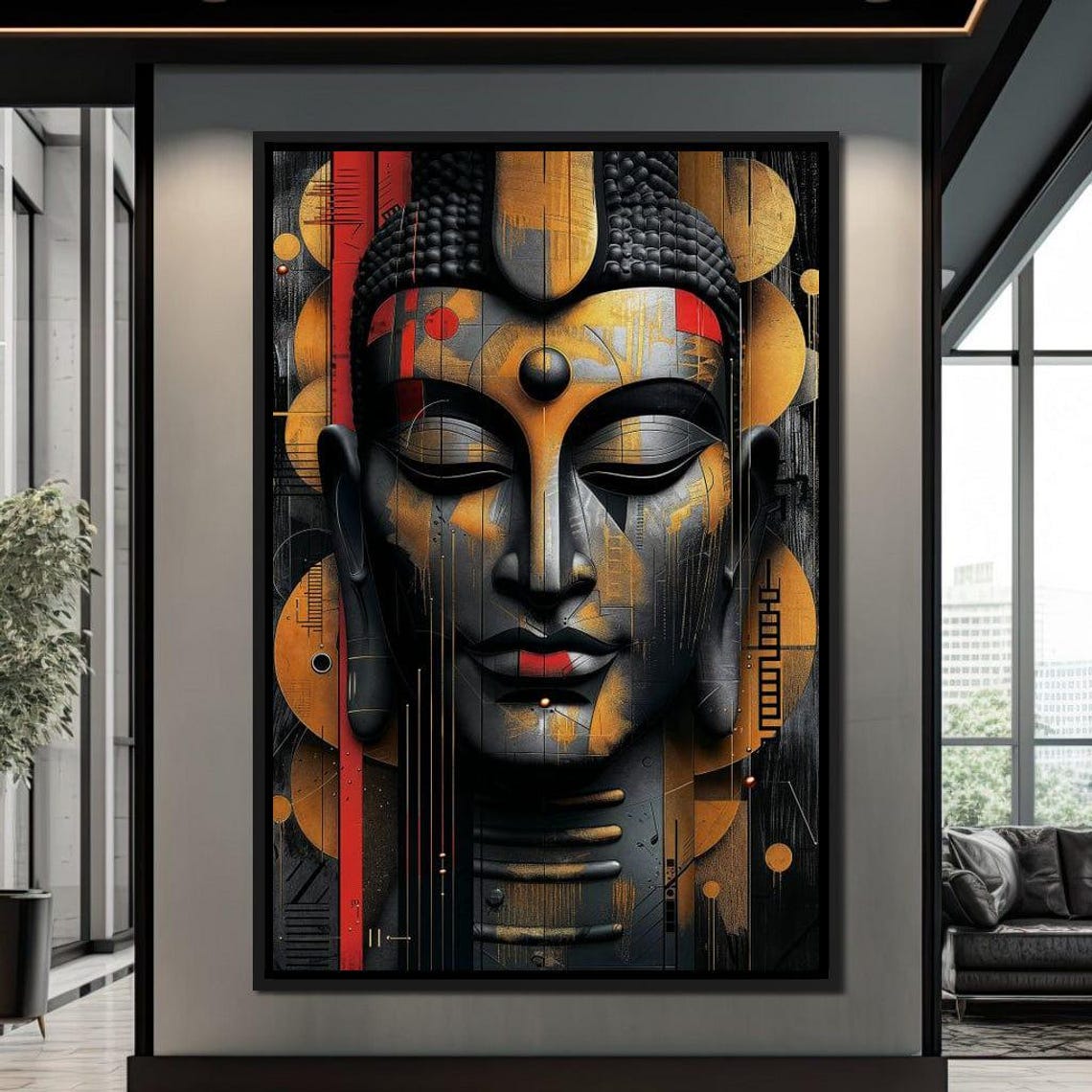 Geometric Buddha Face Gold Red Black Modern Zen Wall Art Poster - Image 4