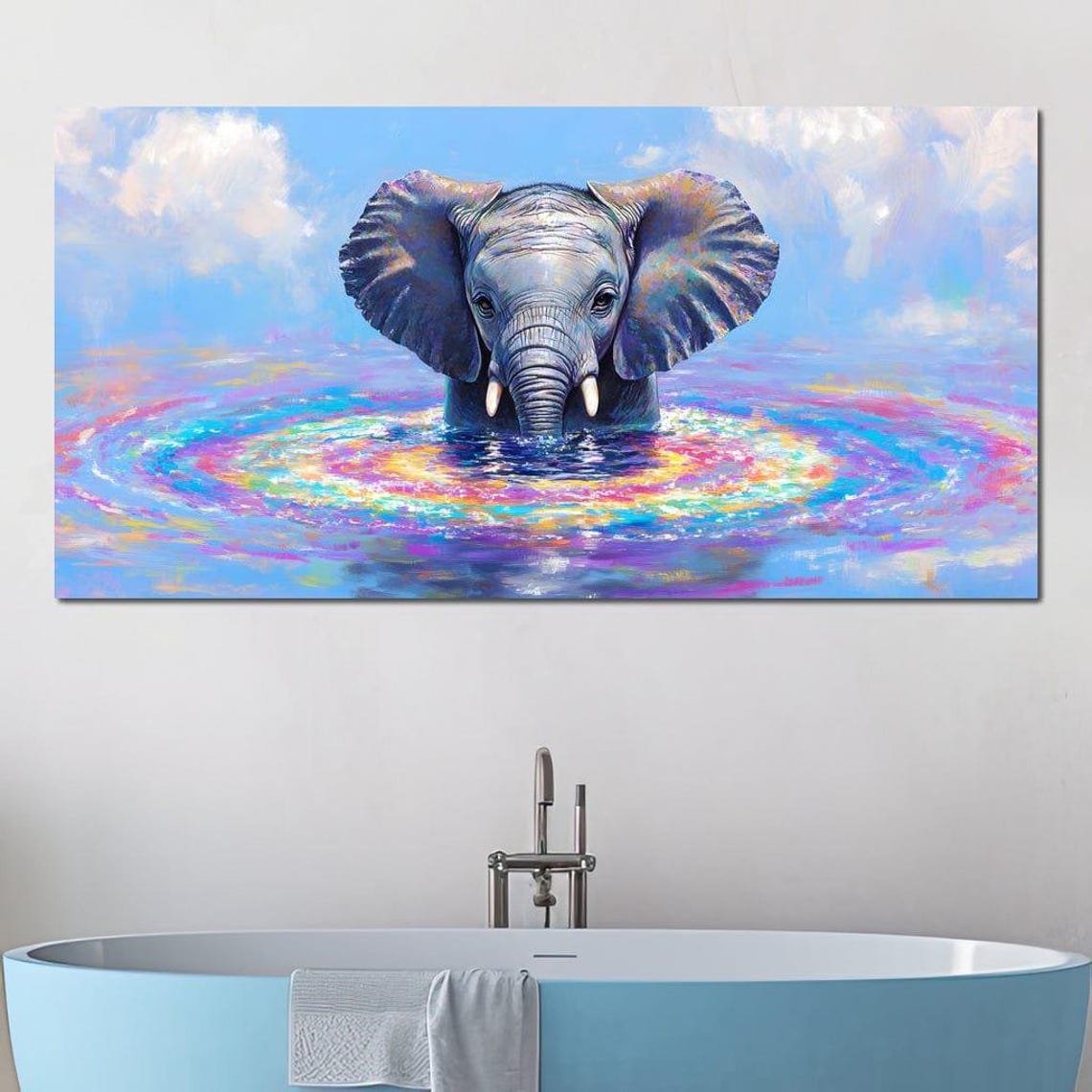 Baby Elephant Rising from Rainbow Water Five Panel Canvas Poster - Image 2