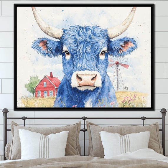 Blue Bovine Countryside Charm Farmhouse Style Home Decor Rustic Animal Art Cute Bull Wall Print By Nichecanvas
