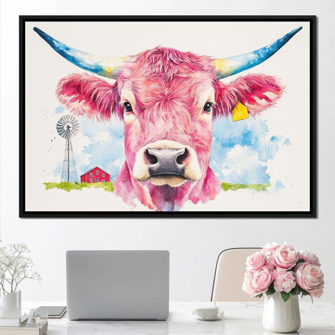 Pink Watercolor Cow With Blue Horns By A Red Barn Farmhouse Art Print - Image 4