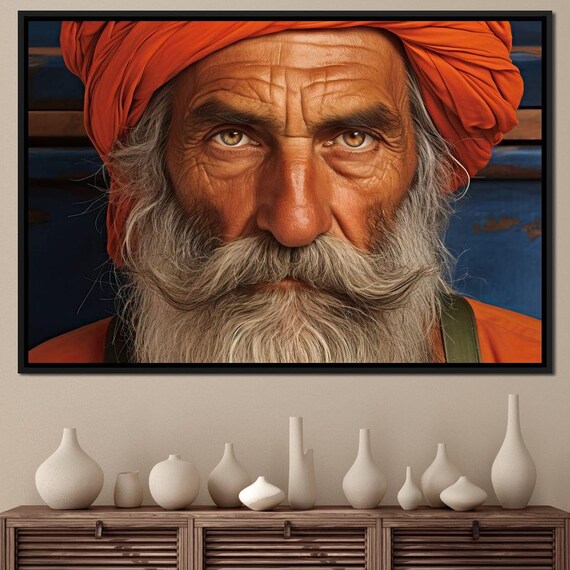 Sikh Men Art Spiritual Leader Orange Turban Cultural Heritage Indian Artwork Ethnic Home Decor Wall Art By Nichecanvas