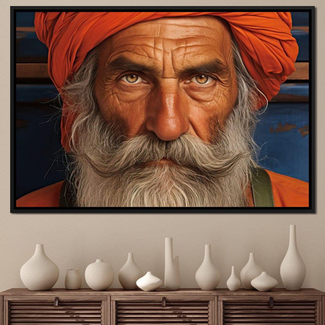 Elder Sikh Man Orange Turban Cultural Portrait Wall Art Print