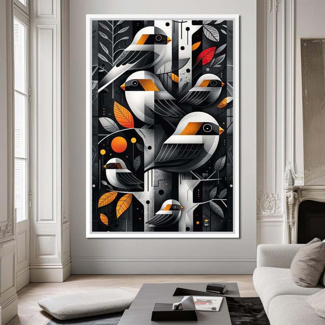 Geometric Songbirds Orange Patches Dark Autumn Night Wall Art - Image 2