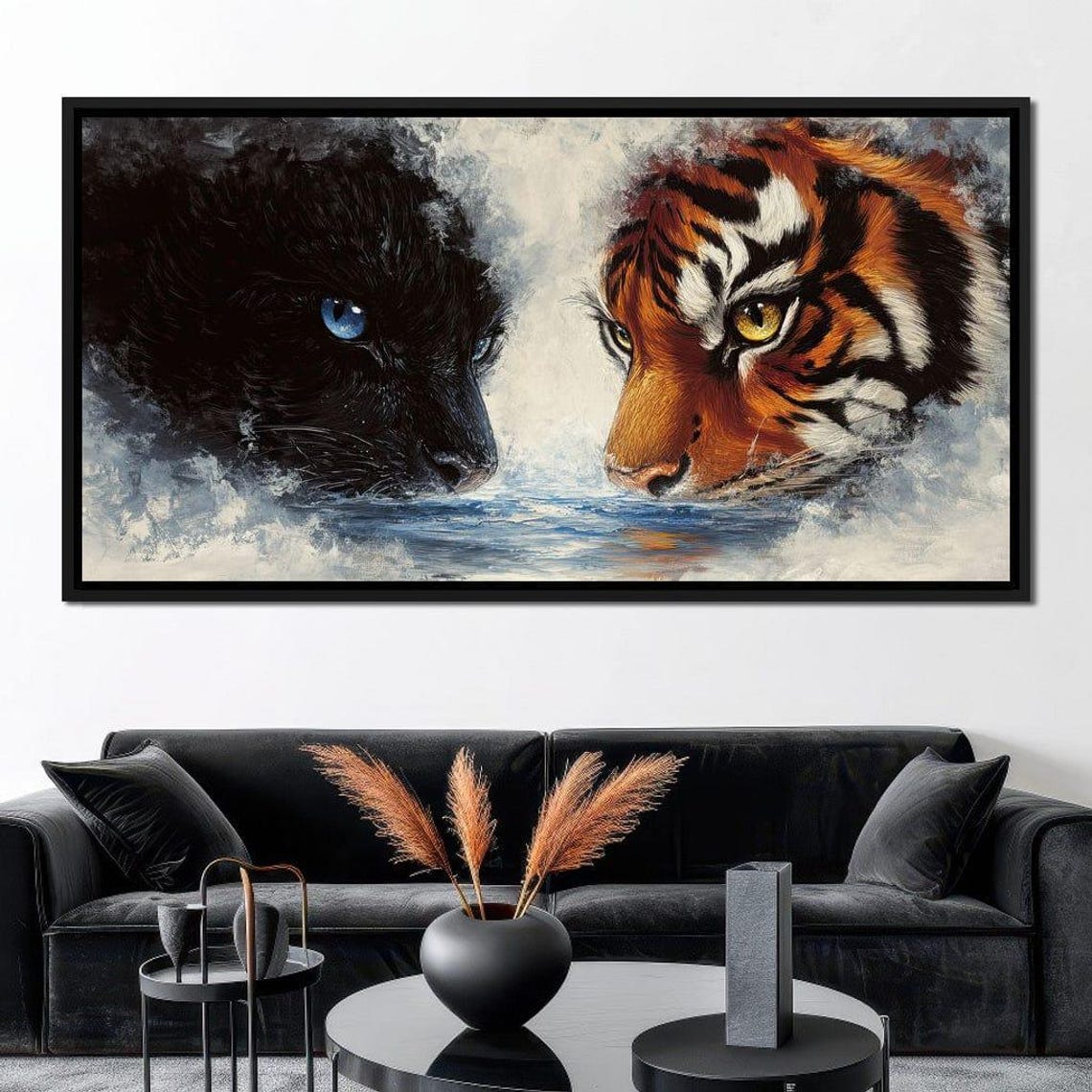 Black Panther Tiger Faces Mist Water Framed Wildlife Contrast Wall Art