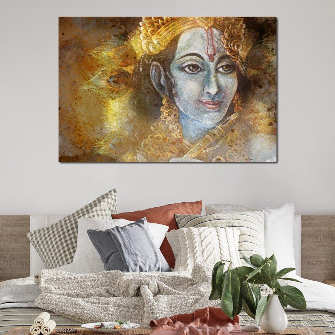 Lord Krishna Divine Portrait Golden Indian Spiritual Deity Wall Poster - Image 3