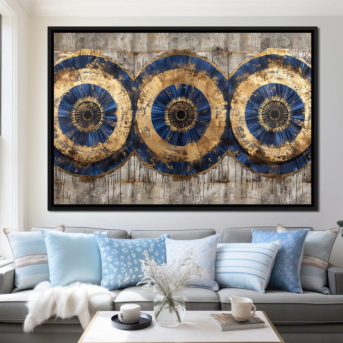 Golden Spheres Of Insight Modern Decor Abstract Art Circular Patterns Bold Blue Gold Wall Piece Home Artwork By Nichecanvas - Image 2