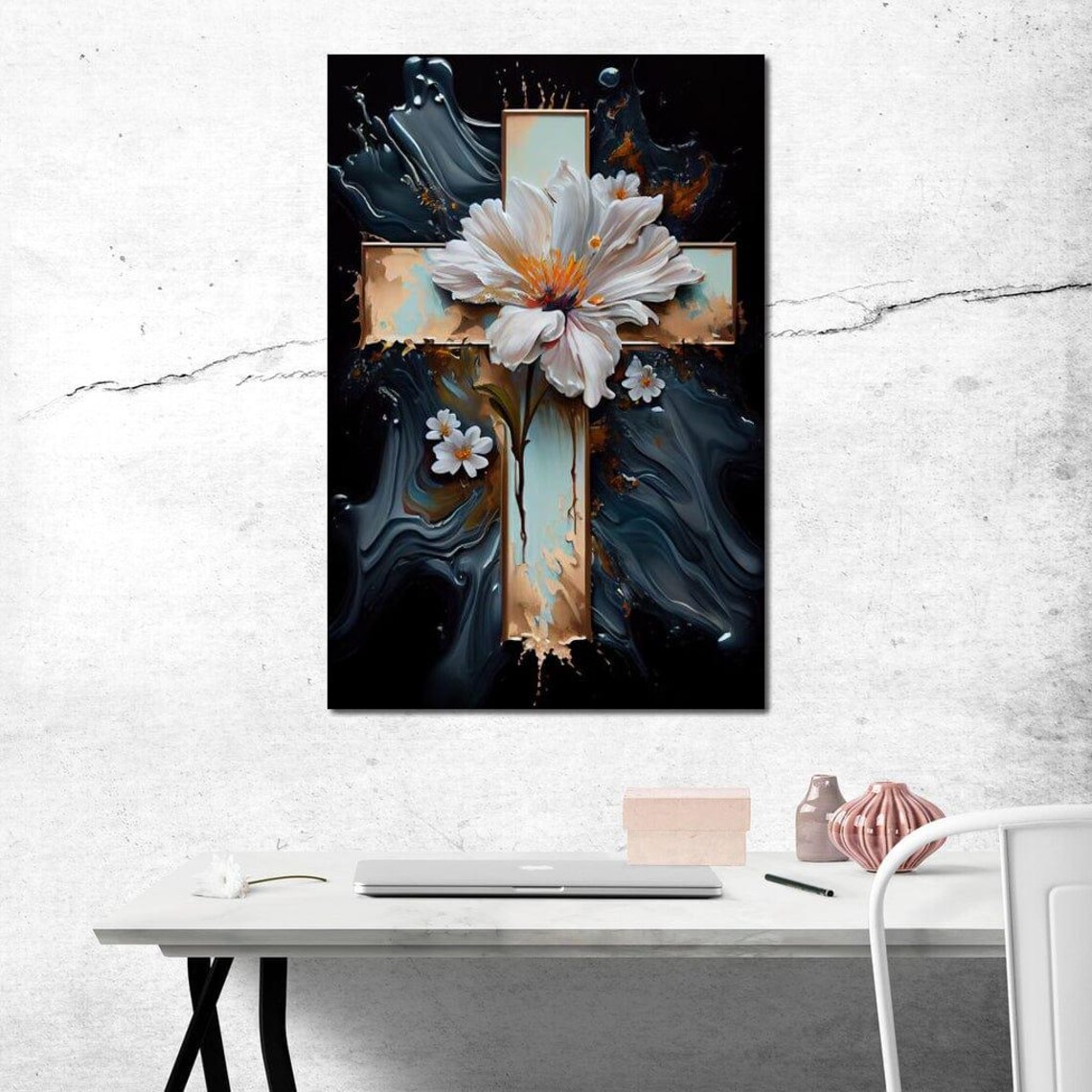 Golden Cross With White Flowers Dark Marble Spiritual Wall Art Poster - Image 4