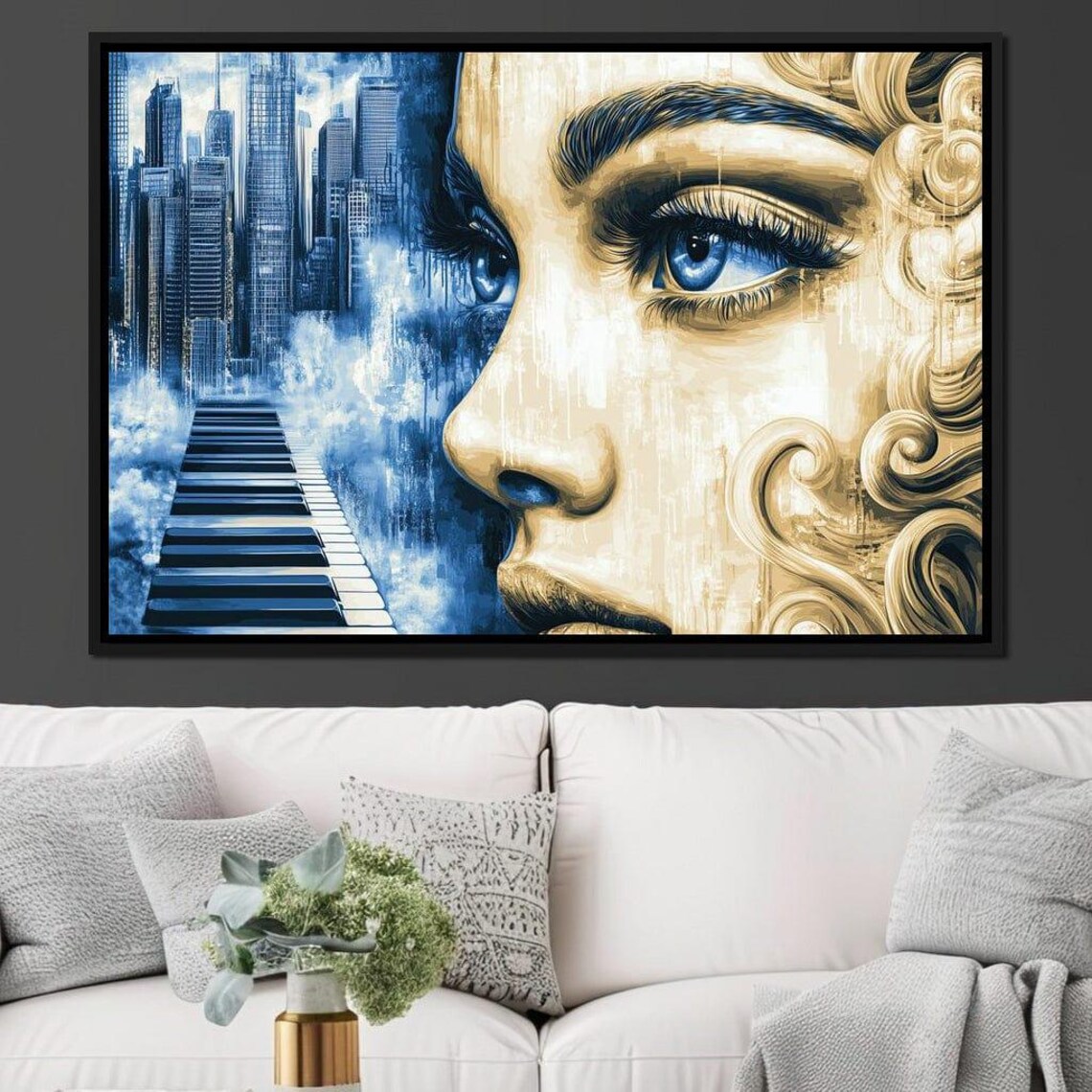 Blue Eyed Golden Haired Woman City Skyline Piano Keys Art Poster - Image 4
