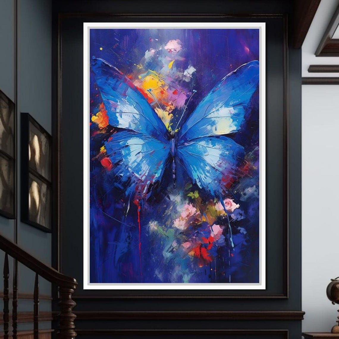 Blue Butterfly Painting Vivid Abstract Floral Nature Wall Art - Image 3