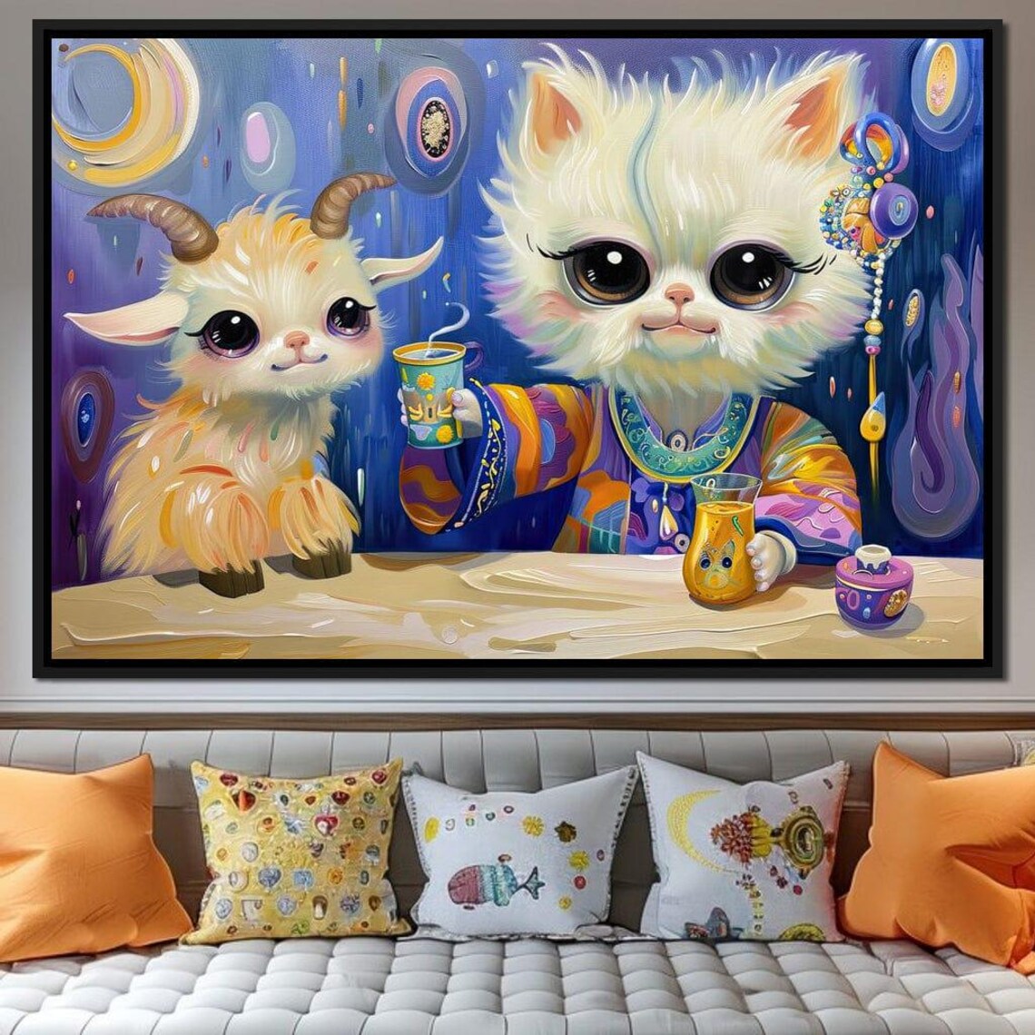 Fantasy Goat And Kitten Tea Party Cute Big Eyes Whimsical Kids Wall Art Poster - Image 4