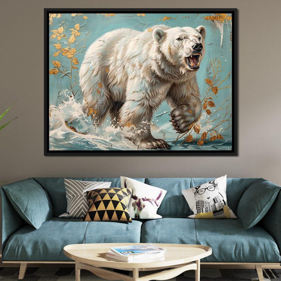 Polar Bear Roaring Arctic Wildlife Splashing Water Teal Gold Painting Wall Poster