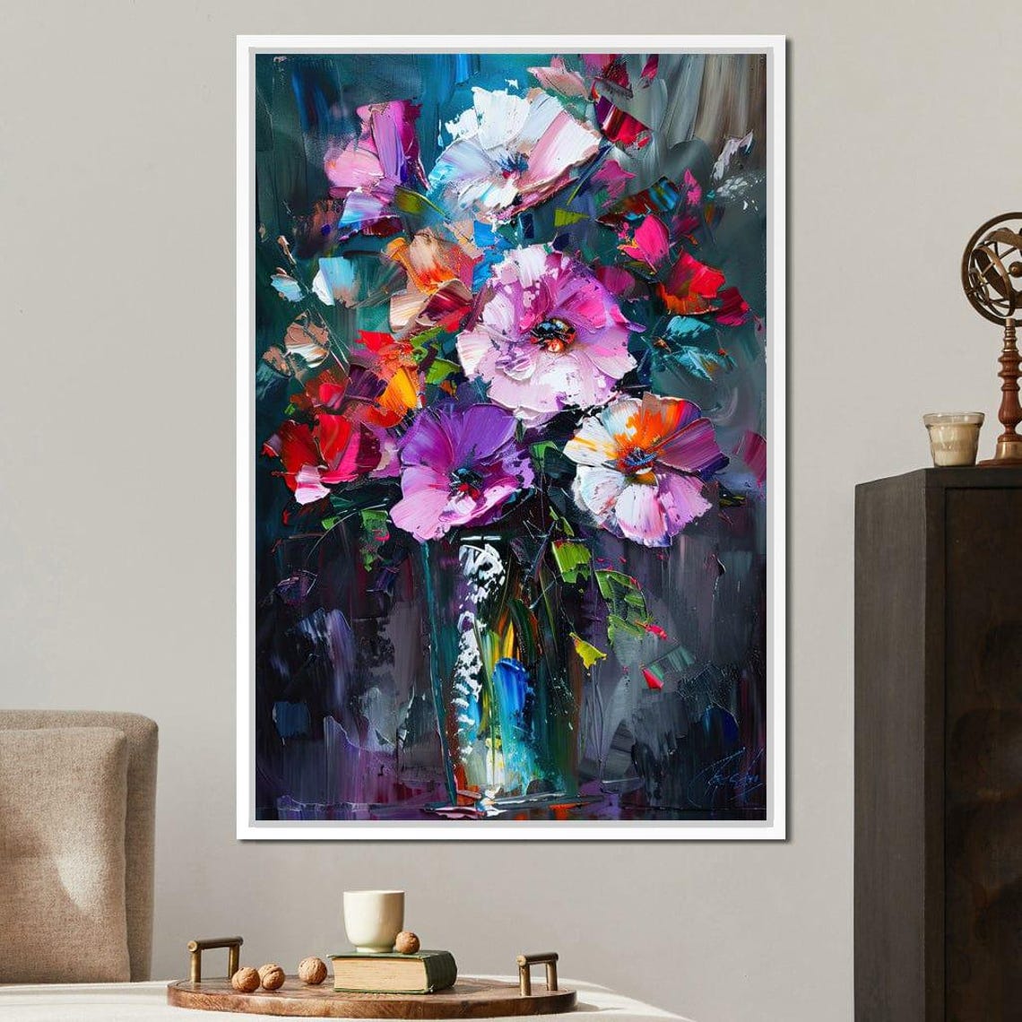 Colorful Bouquet Impasto Vase Flowers Dark Background Wall Art - Image 2
