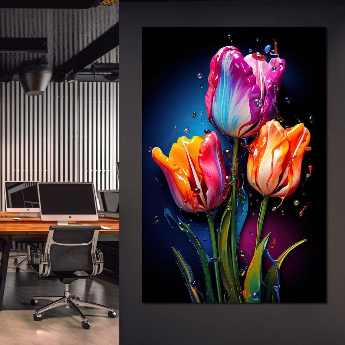 Rainbow Tulip Trio Liquid Paint Dripping Dark Floral Wall Art Poster