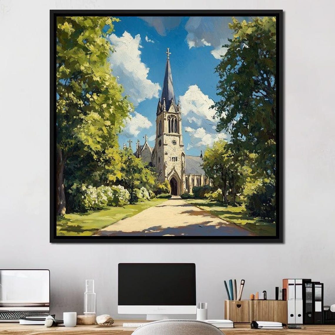 Stone Church Tall Spire Tree Lined Path Sunny Day Landscape Art Poster