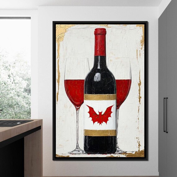 Gothic Red Wine Bottle Bat Label Two Glasses Gold Kitchen Poster
