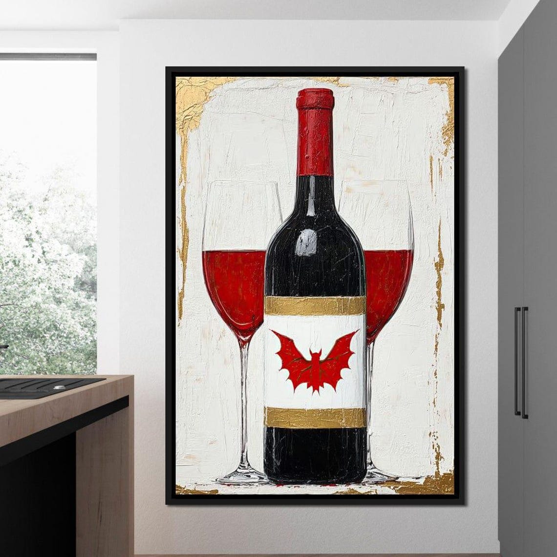 Gothic Red Wine Bottle Bat Label Two Glasses Gold Kitchen Poster