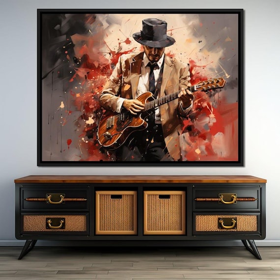 Jazz Guitarist Fedora Suit Electric Guitar Abstract Music Wall Art
