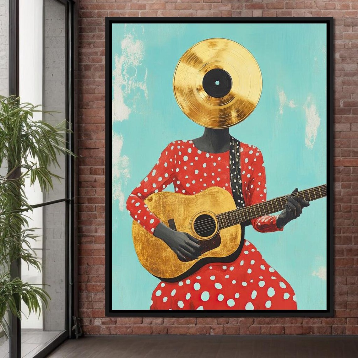 Gold Vinyl Record Head Guitar Player Retro Jazz Surreal Music Art Poster - Image 4