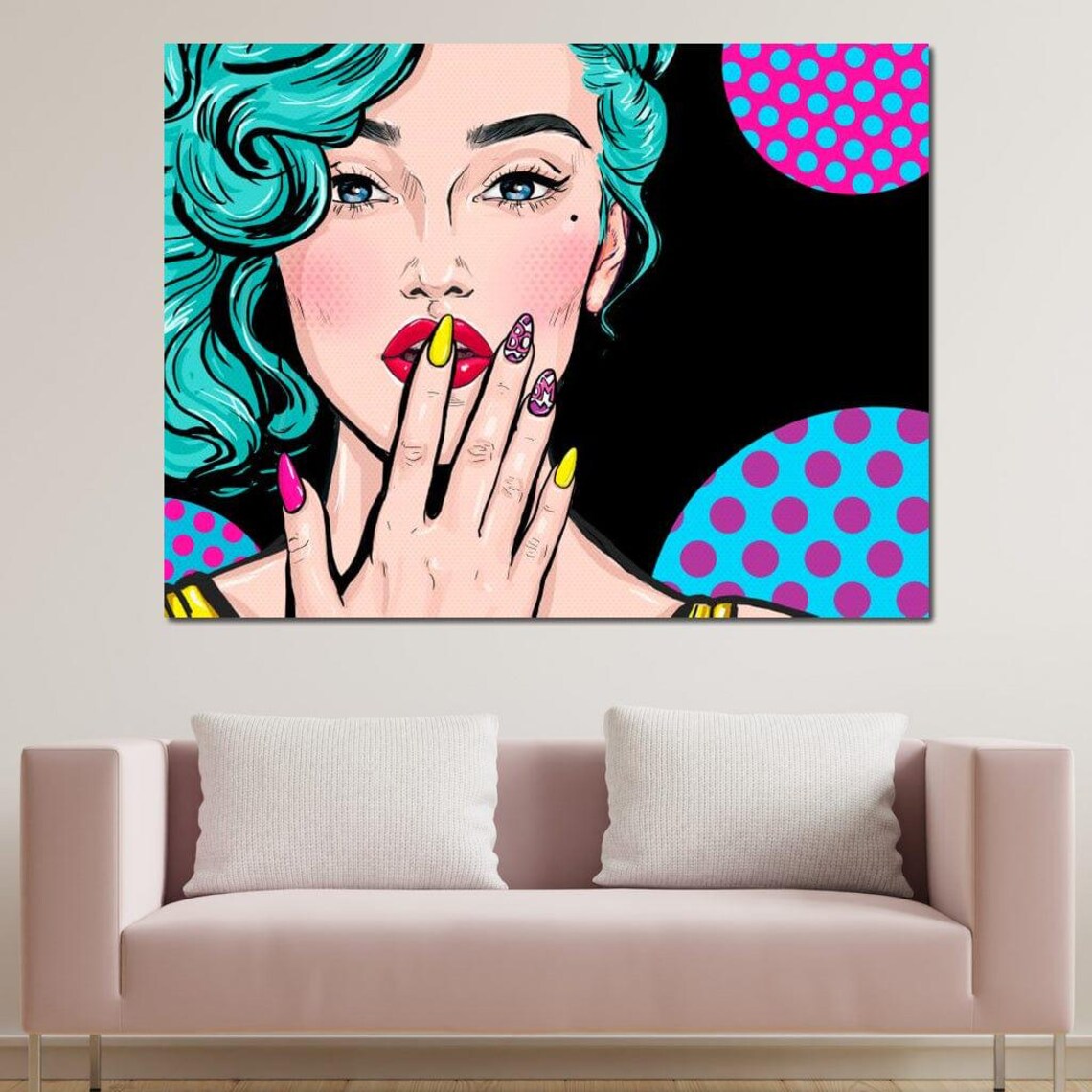 Pop Art Teal Hair Woman Comic Dots Bold Nails Retro Wall Art Poster - Image 3