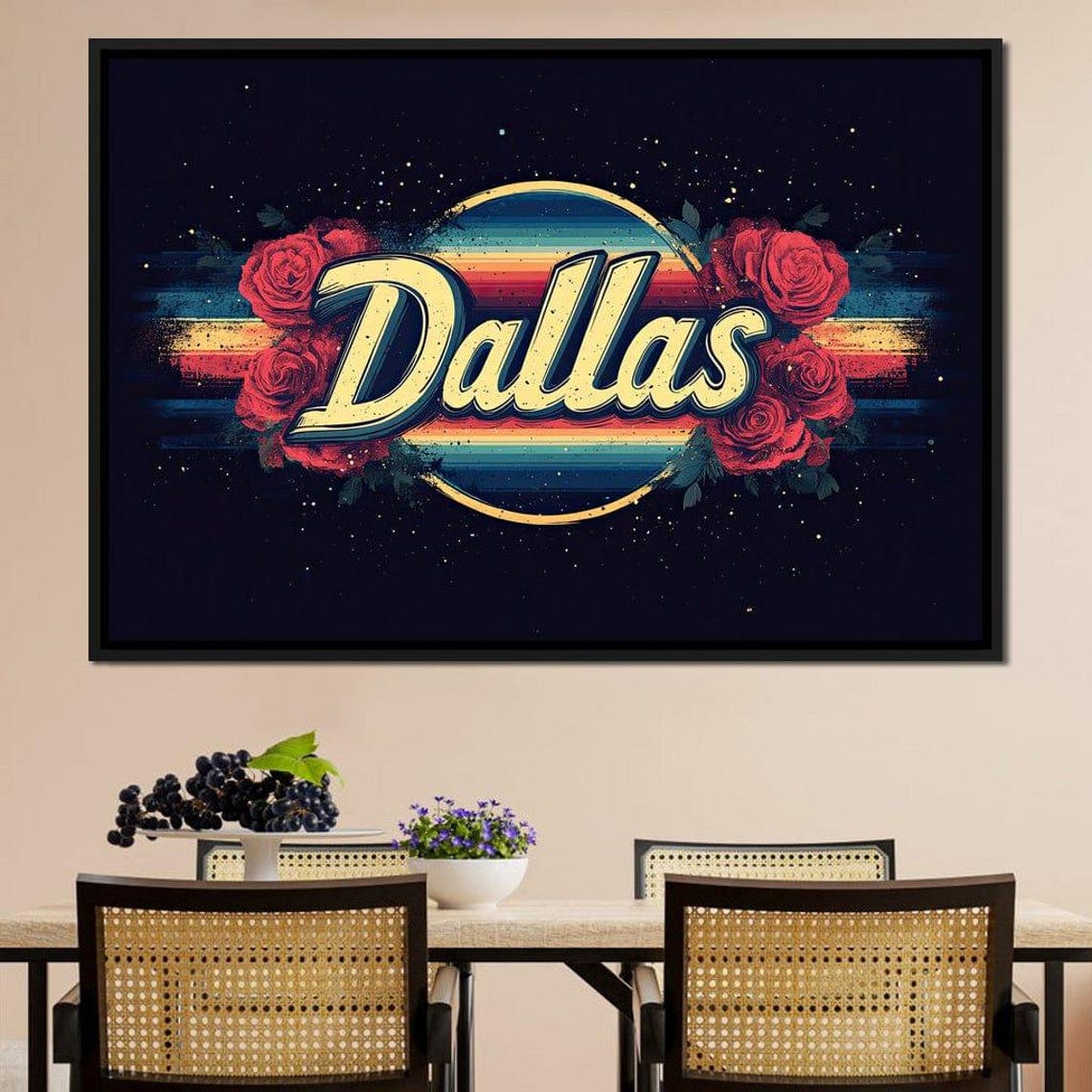 Dallas Retro 70s Script Red Roses Rainbow Sunset Circle Poster - Image 2
