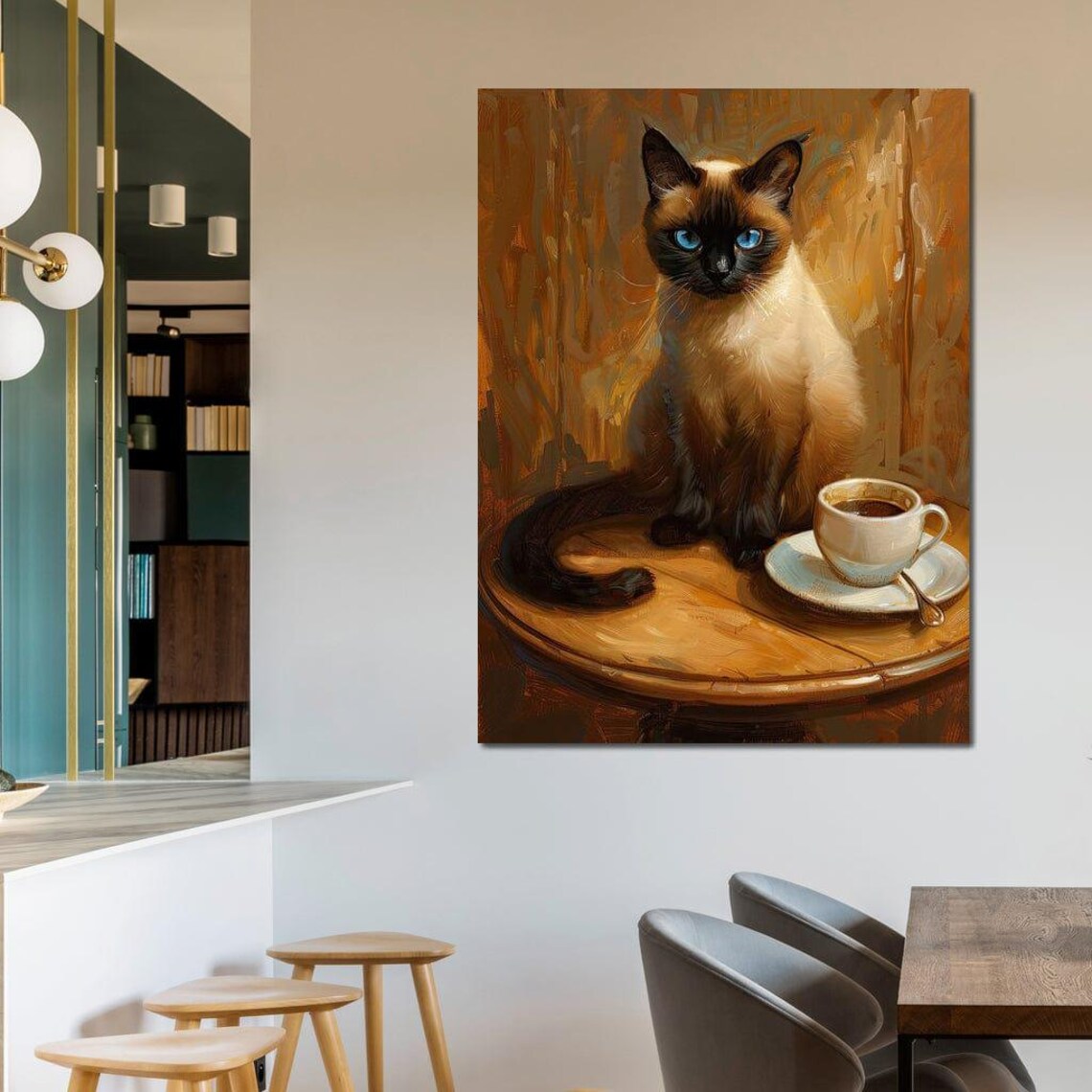 Siamese Cat Coffee Cup Cozy Portrait Blue Eyes Relaxed Wall Art - Image 2