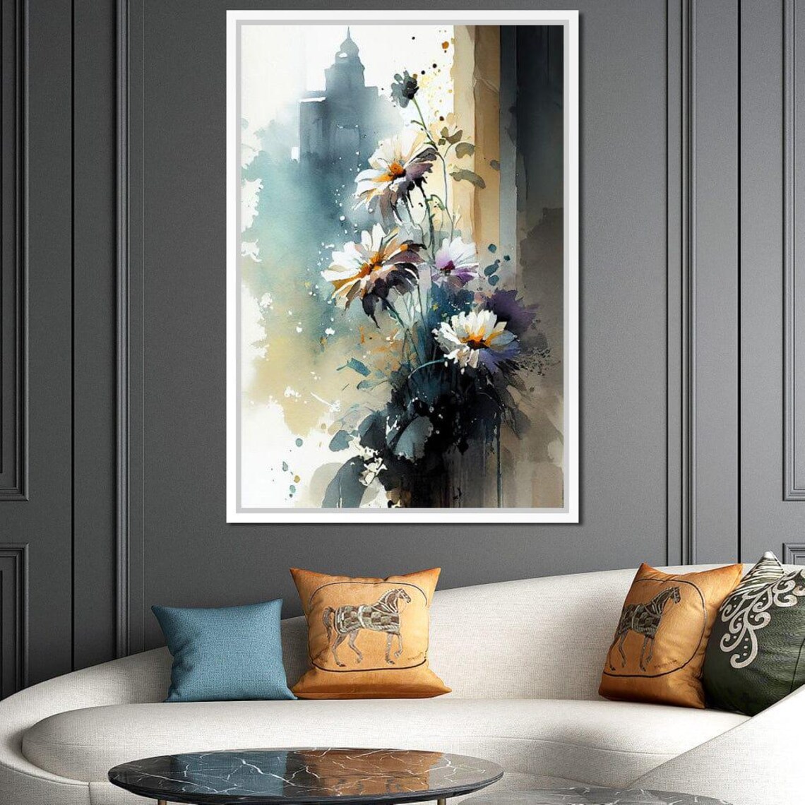 White Wildflowers Watercolor Teal Gold Wash Abstract Floral Wall Art
