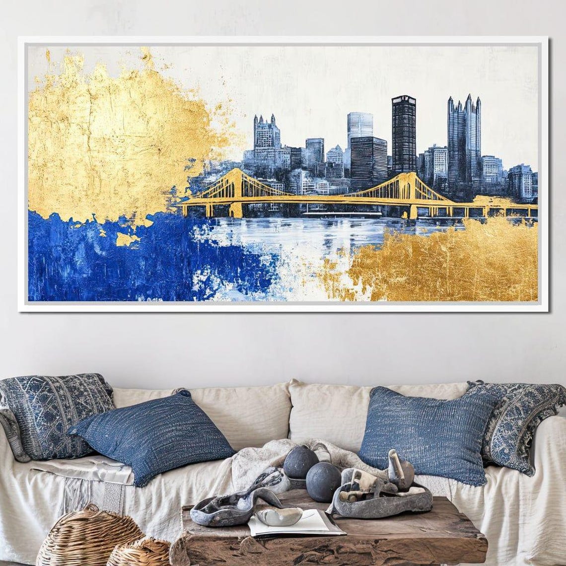Golden Bridge City Skyline Blue Gold Watercolor Urban Poster