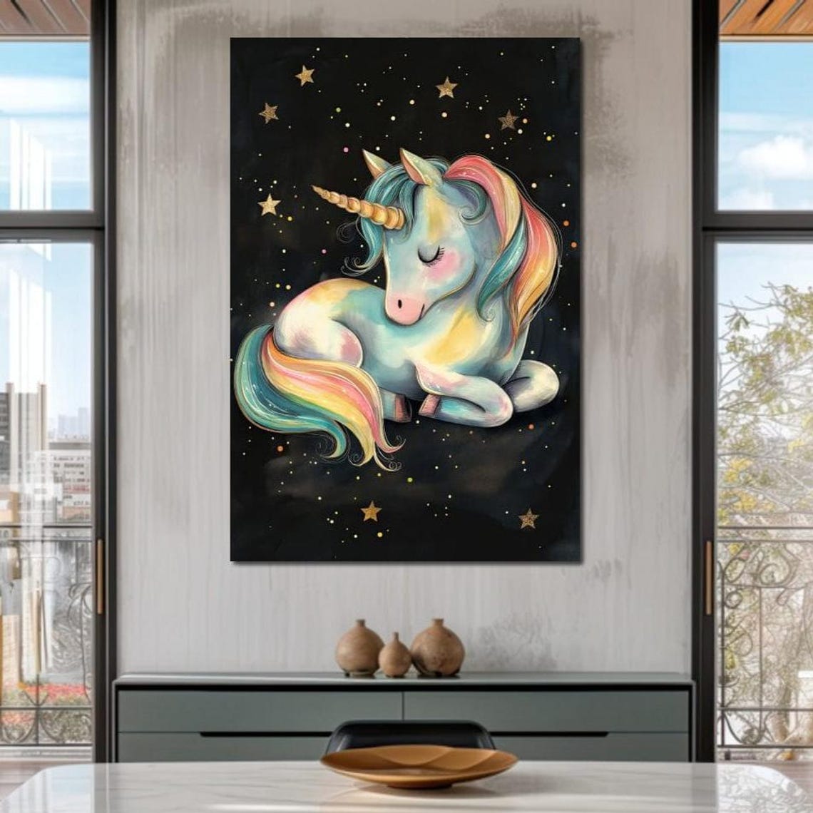 Sleeping Pastel Unicorn Rainbow Mane Starry Night Kids Art Poster
