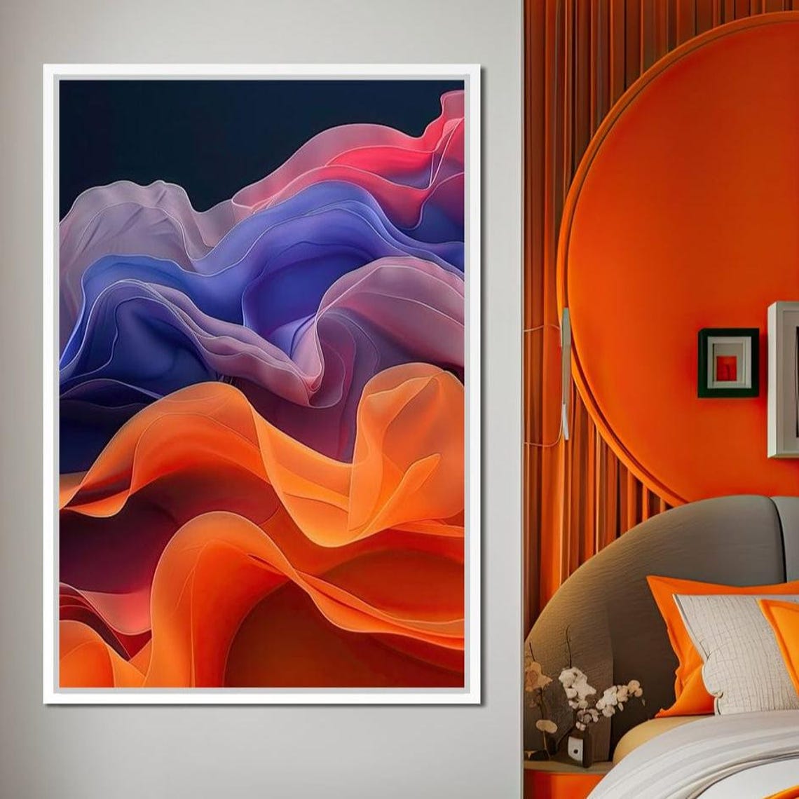 Flowing Orange Purple Silk Waves Abstract Swirls Dark Wall Art - Image 3