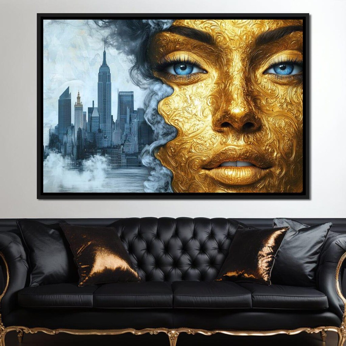 Golden Woman Face Blue Eyes Smoky New York City Skyline Wall Art - Image 4