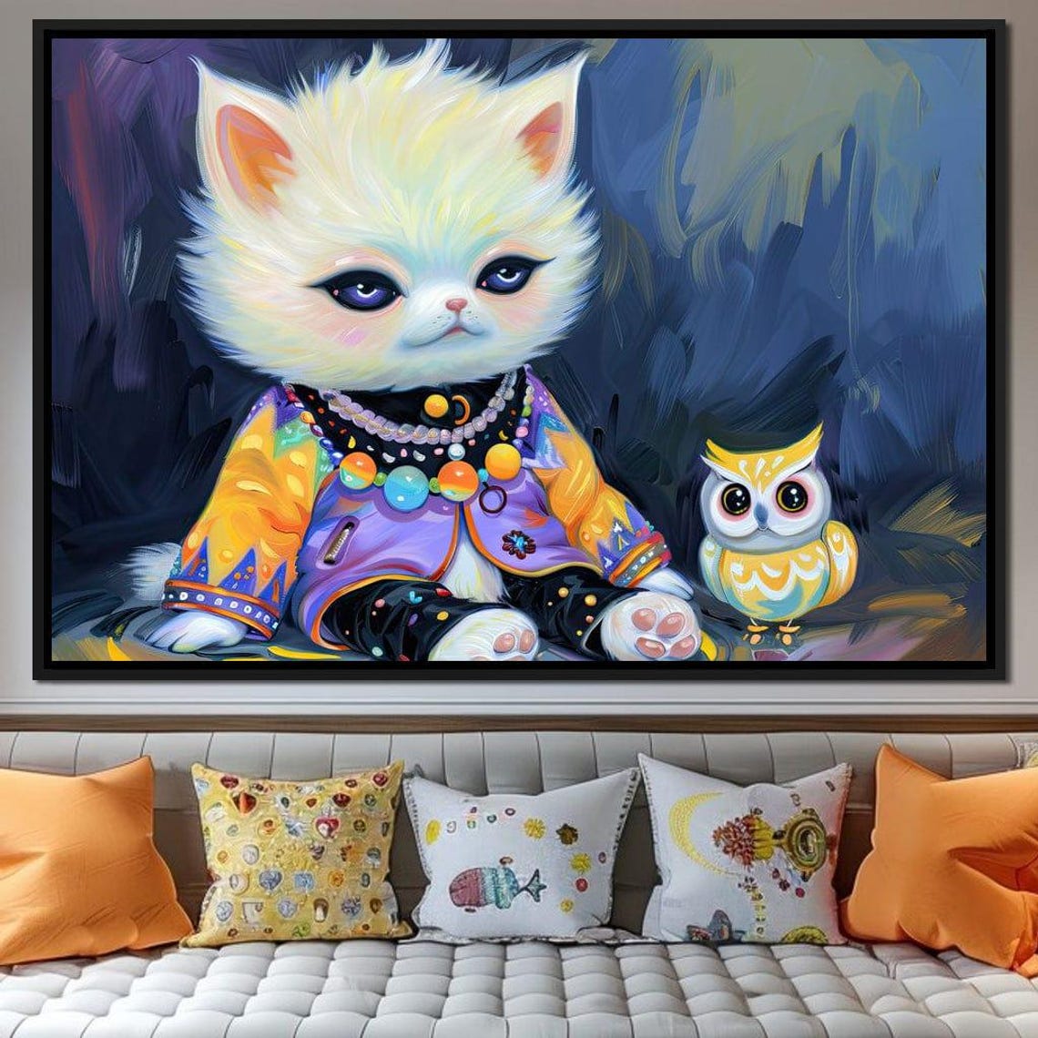 Whimsical Kitten Owl Friends Purple Night Sky Kids Room Art Print - Image 2