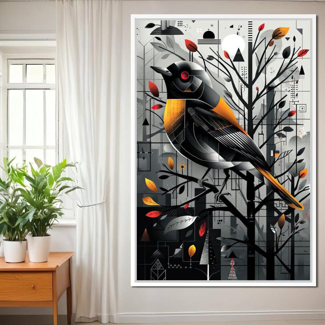 Geometric Songbird Tree Branch Abstract Black Orange Bird Wall Art