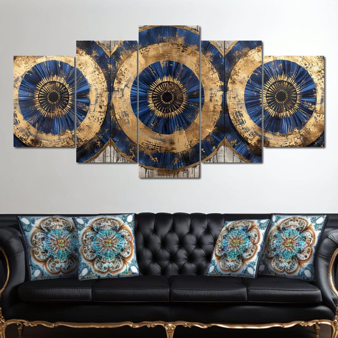 Golden Spheres Of Insight Modern Decor Abstract Art Circular Patterns Bold Blue Gold Wall Piece Home Artwork By Nichecanvas