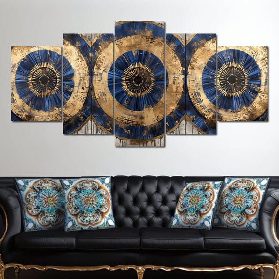Golden Spheres Of Insight Modern Decor Abstract Art Circular Patterns Bold Blue Gold Wall Piece Home Artwork By Nichecanvas